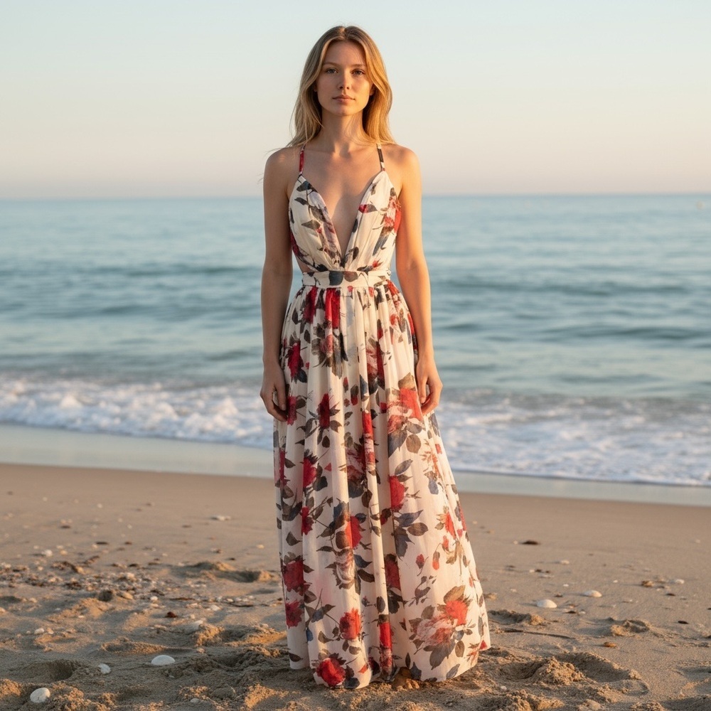 Luxxel Floral Maxi Dress with Red and Cream Accents
